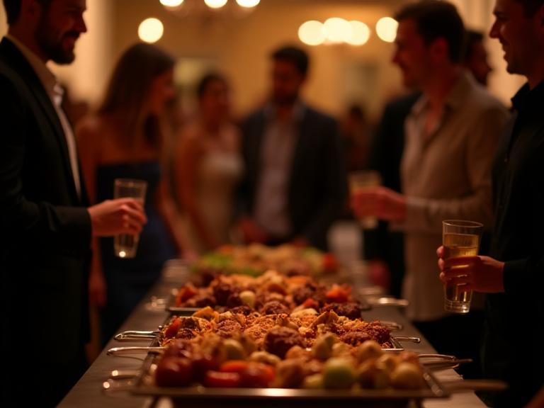 Gäster som minglar på ett event med en buffé av grillad mat
