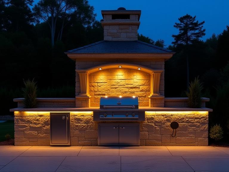 Ett specialdesignat utekök i sten upplyst på kvällen